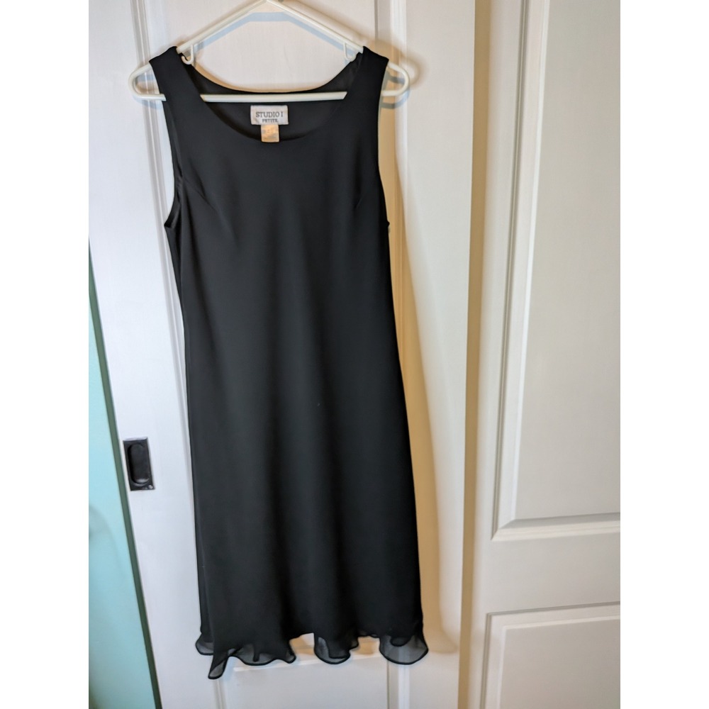 Studio I Petite Black Sleeveless Ruffle Hem Midi Dress 12P Shift LBD